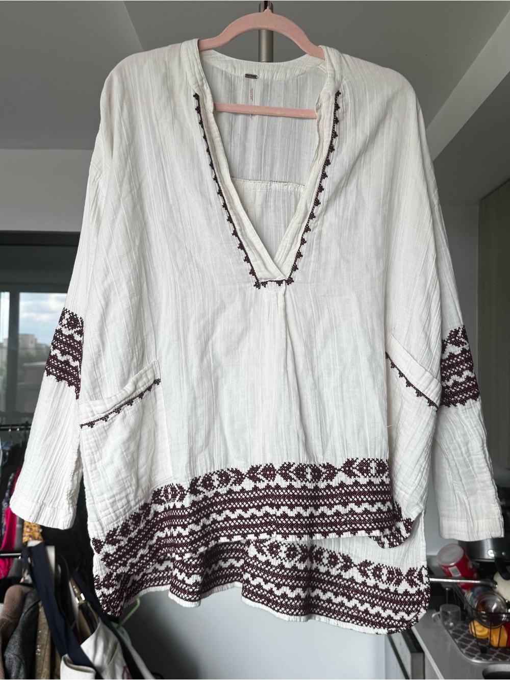 Free People Cream & Burgundy Embroidered Boho Peasant Tunic Top With Pockets